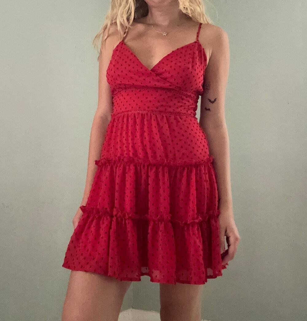 Altar'd State Swiss Dot Tiered Mini Dress Red Size Medium Dainty Romantic